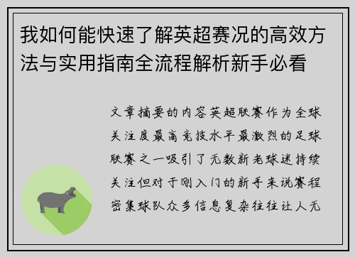 我如何能快速了解英超赛况的高效方法与实用指南全流程解析新手必看 我如何能快速了解英超赛况的高效方法与实用指南全流程解析新手必看